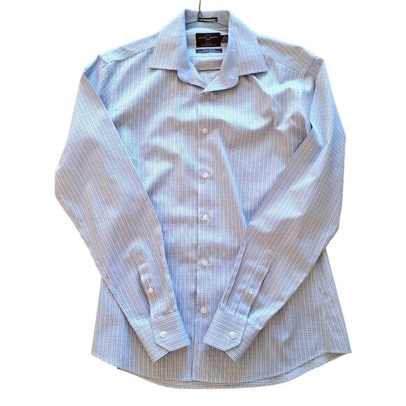 Slim-Fit Non-Iron Dress Shirt White with Blue Check Pattern 15.5 neck - Picture 1 of 10